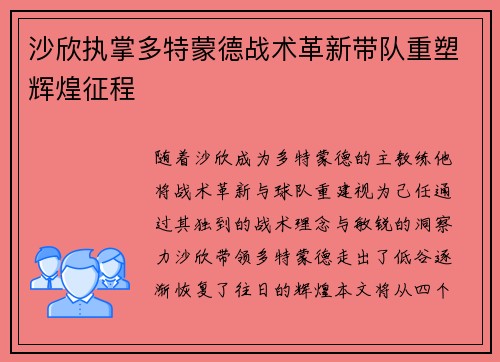 沙欣执掌多特蒙德战术革新带队重塑辉煌征程